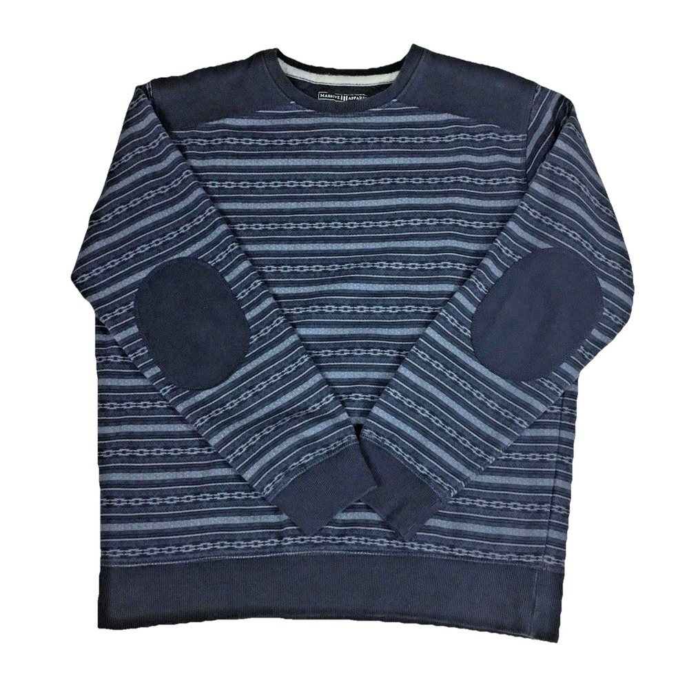 Massive Apparel Mens XL Blue Striped Crewneck Sweatshirt Elbow Patches RN96415